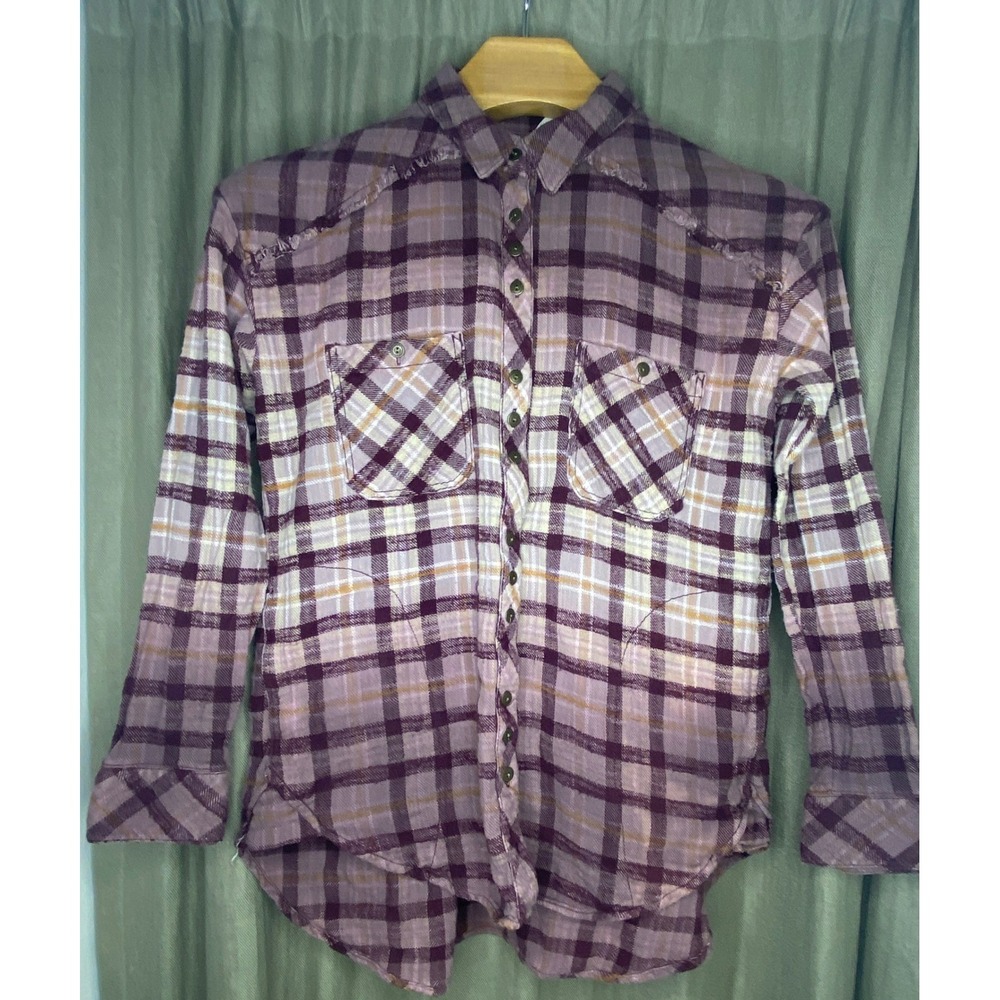 Free People Plaid Flannel Button Down Shirt Distressed Raw Hem‎ Purple Tan Small